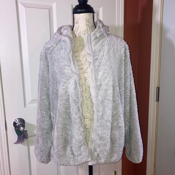 Zyia Active Storm Sherpa Hooded Full Zip Teddy Jacket Light Grey sz Large - Picture 5 of 9